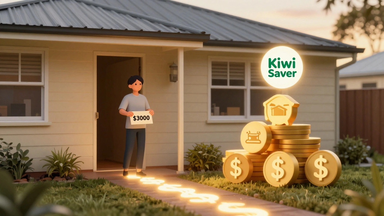 A first-time buyer stepping into a modest bungalow, holding 00 while a path of savings and grants glows behind them.