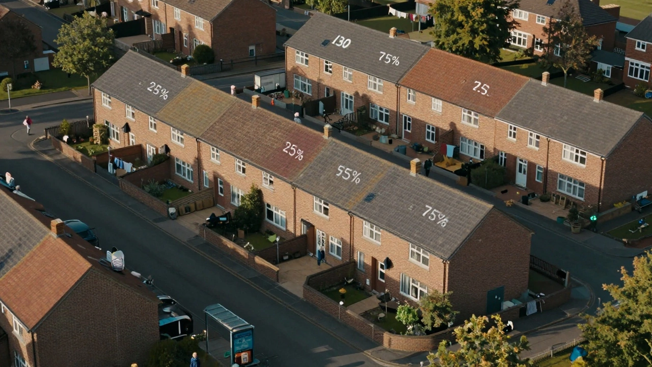 A housing development with homes marked by colored roof tiles indicating different ownership shares.