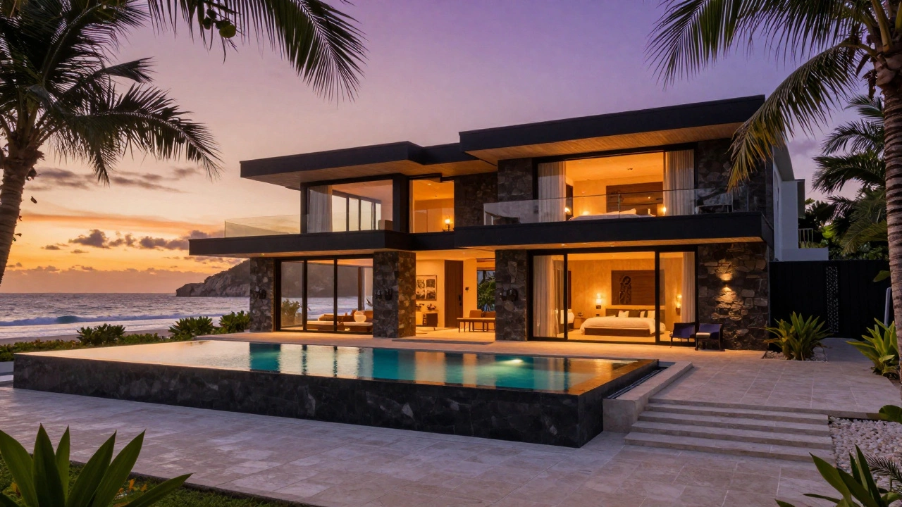 A luxury beachfront home in Punta Mita with infinity pool and ocean view at sunset.