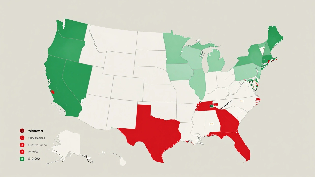 A map of the U.S. showing affordable and expensive housing regions with loan and budget icons.