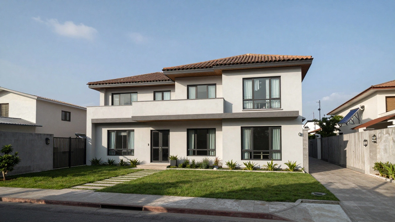 A modern 3-bedroom home in Mérida with a fenced yard and gated community, under bright daylight.