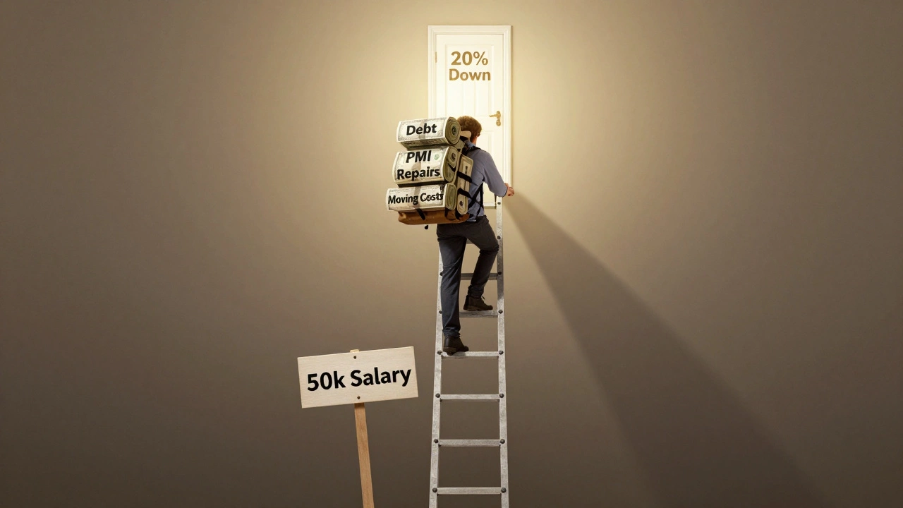 A person climbing a ladder of dollar bills toward a house, weighed down by financial burdens.