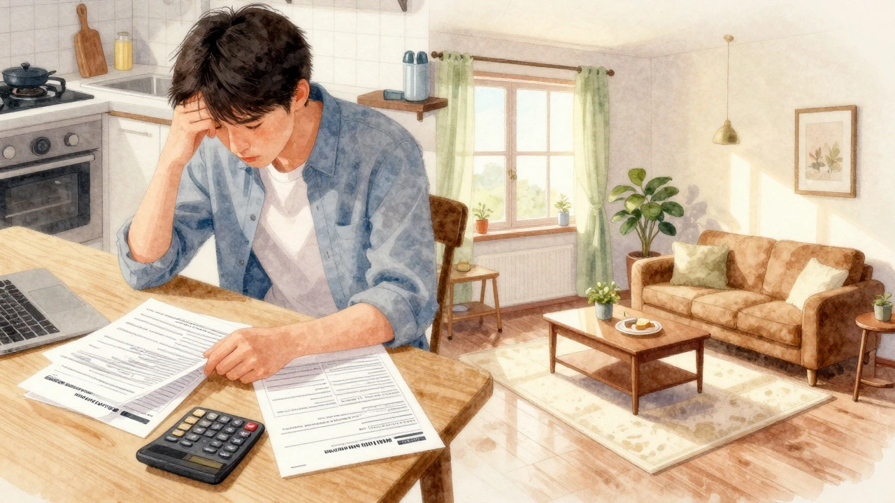 A person reviewing finances at a table while a cozy home glows in the background.