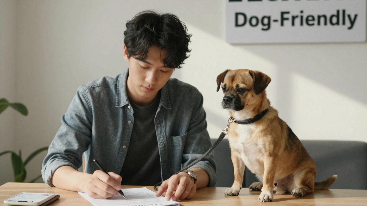 A person signing a long-term lease with a calm small dog beside them, pet bond receipt visible.