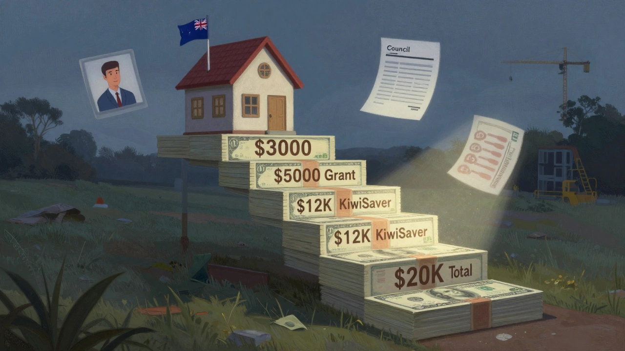 A staircase of dollar bills leading to a small house, labeled with financial milestones and government support icons.