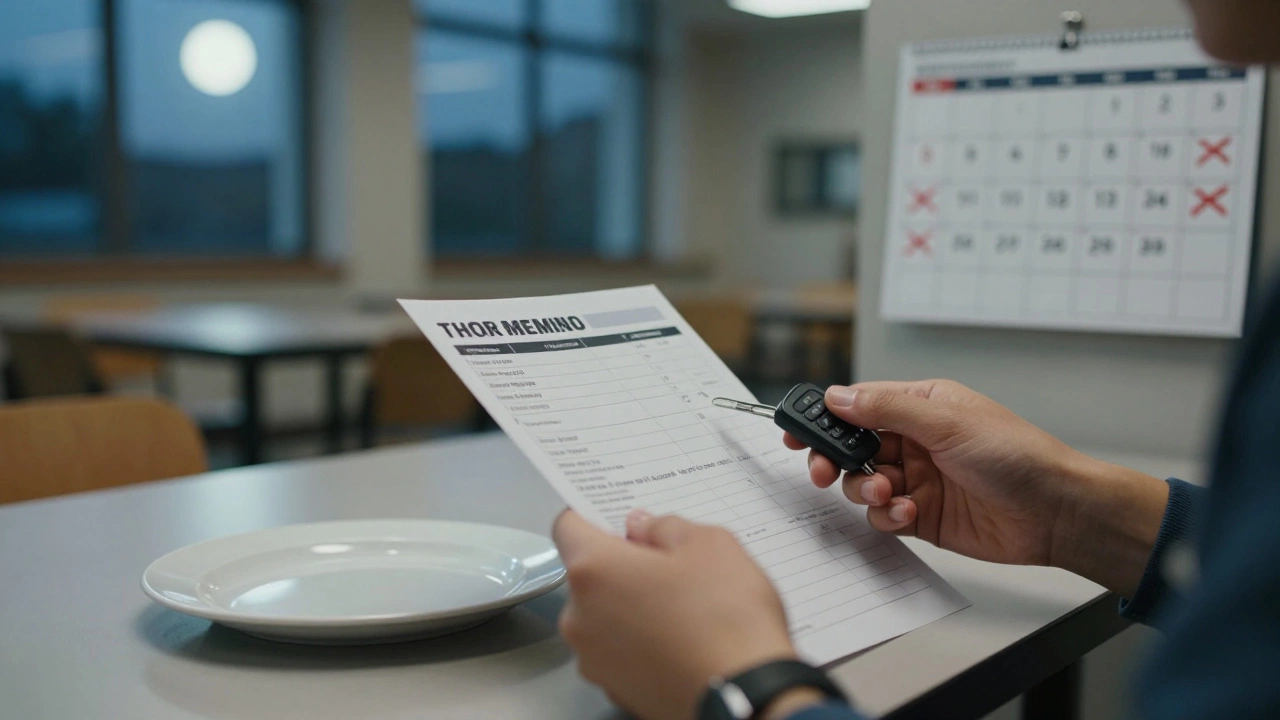 A student's key fob and meal plan beside an empty dining hall at night.