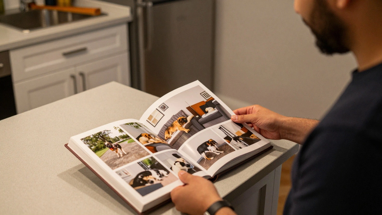 A tenant showing a photo album of their dog to a smiling landlord in a kitchen setting.