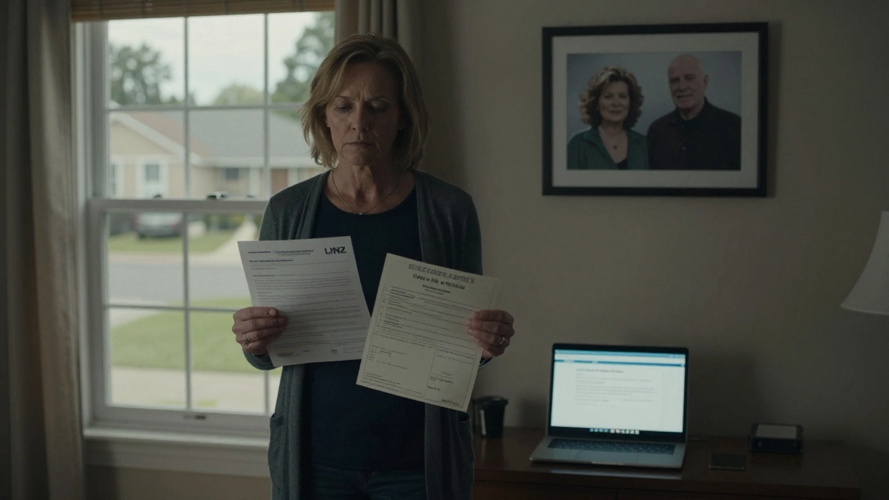 A woman holding legal documents in her living room, with a photo of a deceased partner on the wall behind her.