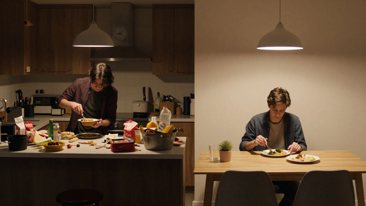 Contrasting scenes of messy self-catered kitchen vs. orderly catered dining hall.
