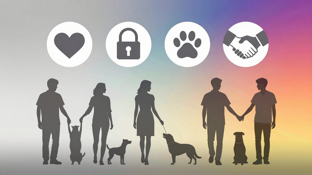Floating symbols of care, responsibility, and fairness above a pet-friendly home, with diverse pet owners in silhouette.