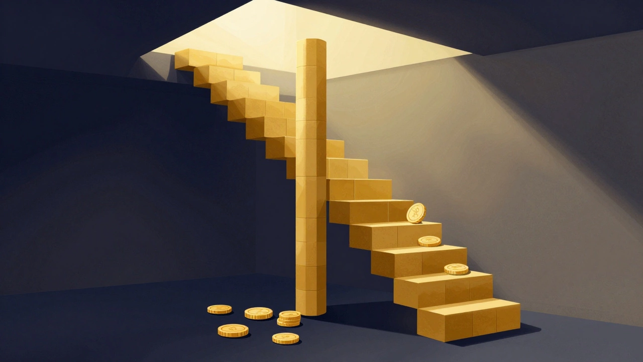 Illustration of golden stairs made of bricks rising to represent equity growth.