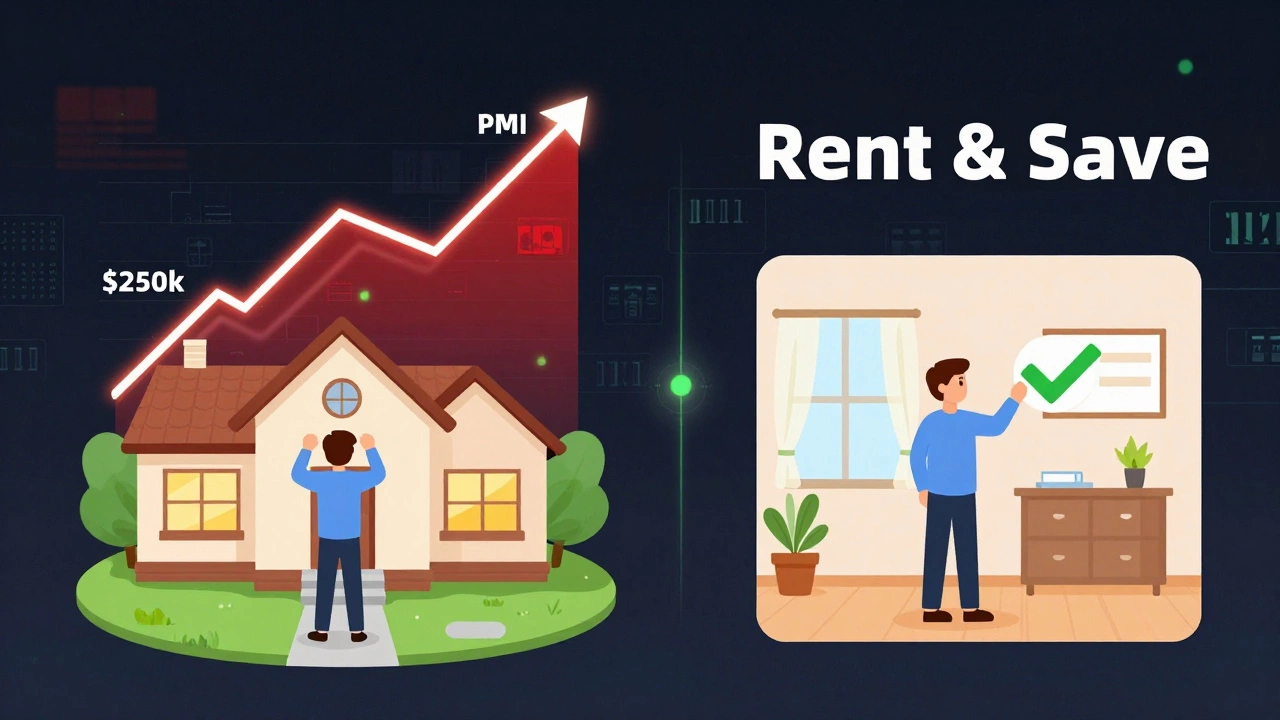 Split-screen visual comparing the stress of homeownership on a low income versus the calm of renting.