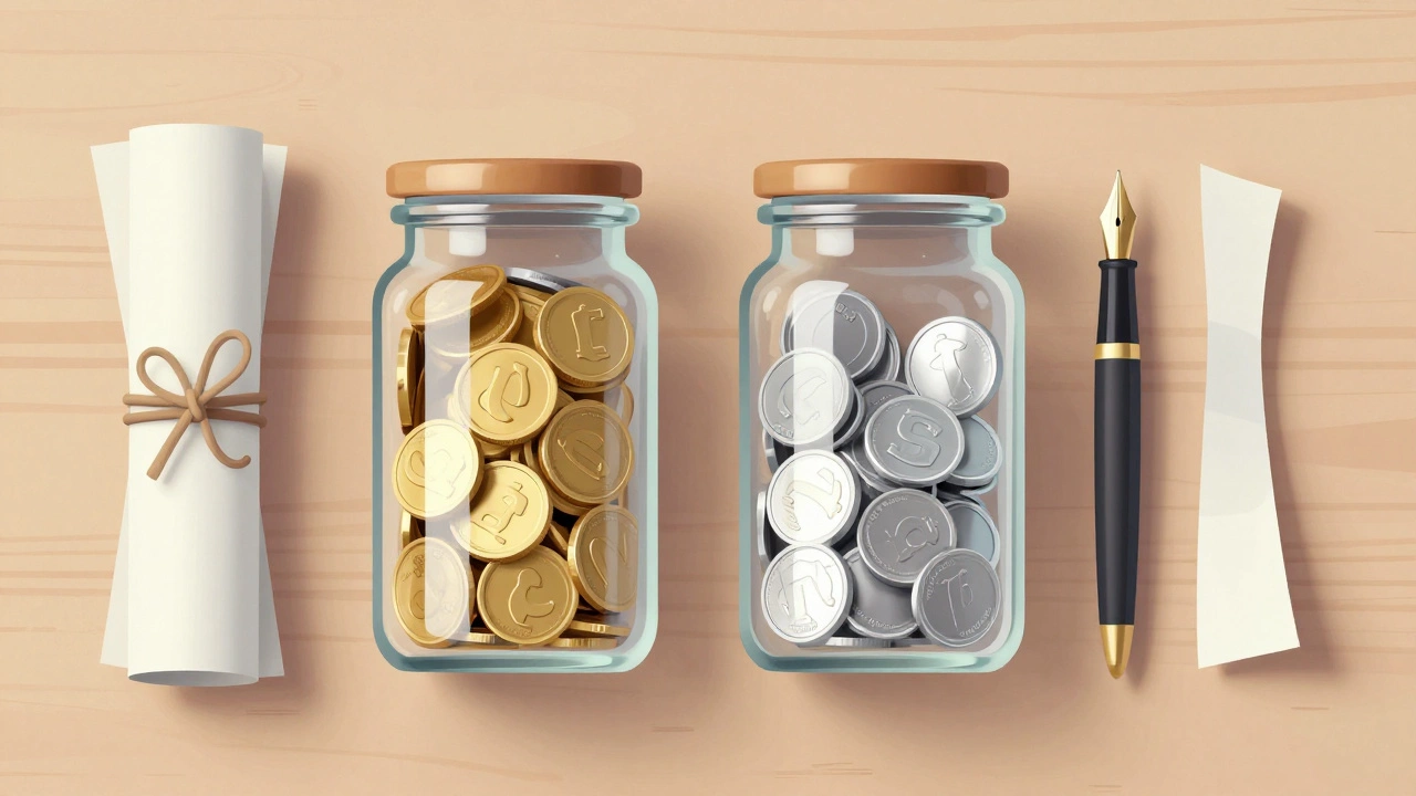 Two glass jars filled with coins on a wooden desk